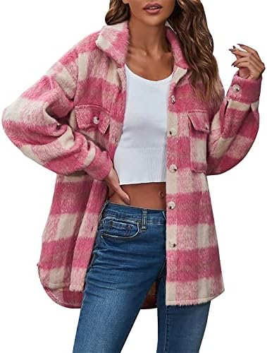 Womens Casual Plaid Shacket Flannel Shirt Jacket Open Front